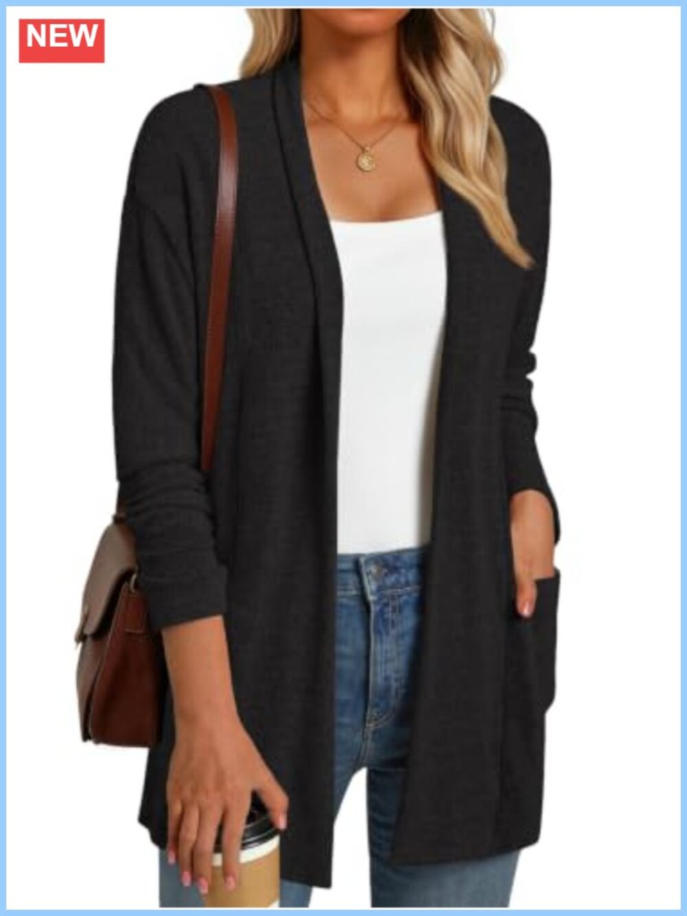 Open Front Knit Cardigan with Pockets Loose Fit Sweater